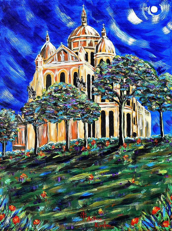 Arthur Kinslow Orginal Painting Sacre Couer 30 x 40 Inches Landscape: Arthur Kinslow ( American, 1955 - ) The Basilica of Sacre Coeur de Montmartre. Original Acrylic on Canvas.Signed by the artist lower center. Canvas Size 30 x 40 inches. Arthur Kinslow has been involve