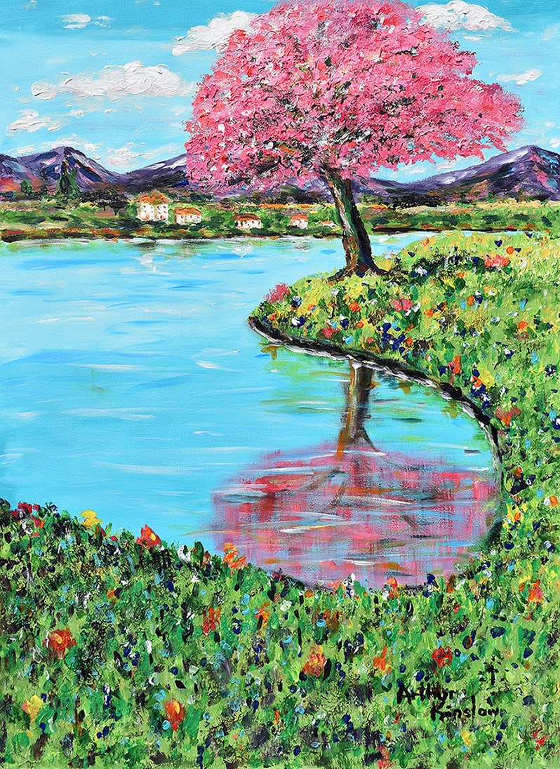 Arthur Kinslow Orginal Landscape Painting Sakura Meadows 30 x 40 Inches: Arthur Kinslow ( American, 1955 - ) Sakura Meadows. Original Acrylic on Canvas.Signed by the artist lower center. Canvas Size 30 x 40 inches. Arthur Kinslow has been involved in art his entire life an