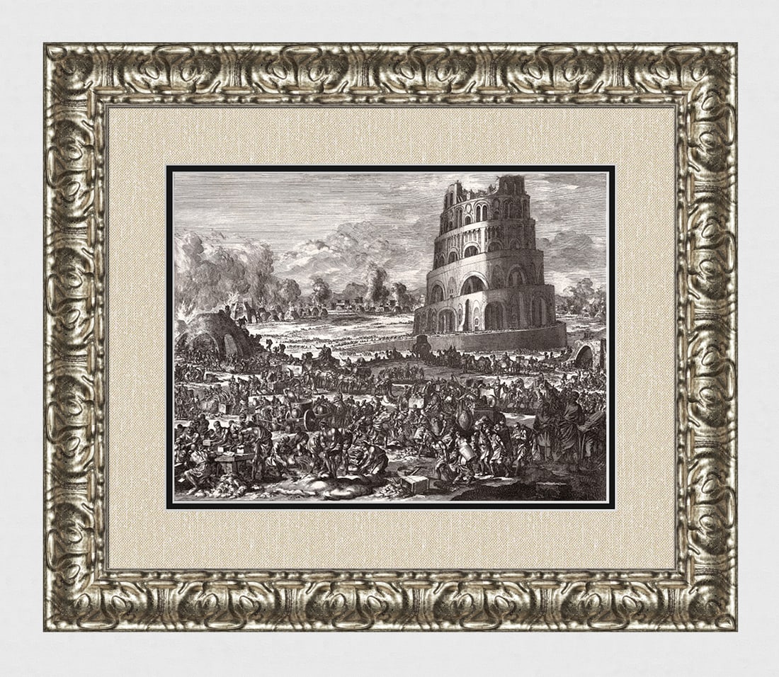 1747 Monumental Engraving Jan Luyken The Tower of Babel Framed: Jan Luyken (Dutch, 1649 - 1712). The Tower of Babel. Antique engraving on laid paper. Year: 1747. Publisher: Frans Houtteyn. Reference: Hollstein / Dutch and Flemish etchings, engravings and woodcuts 