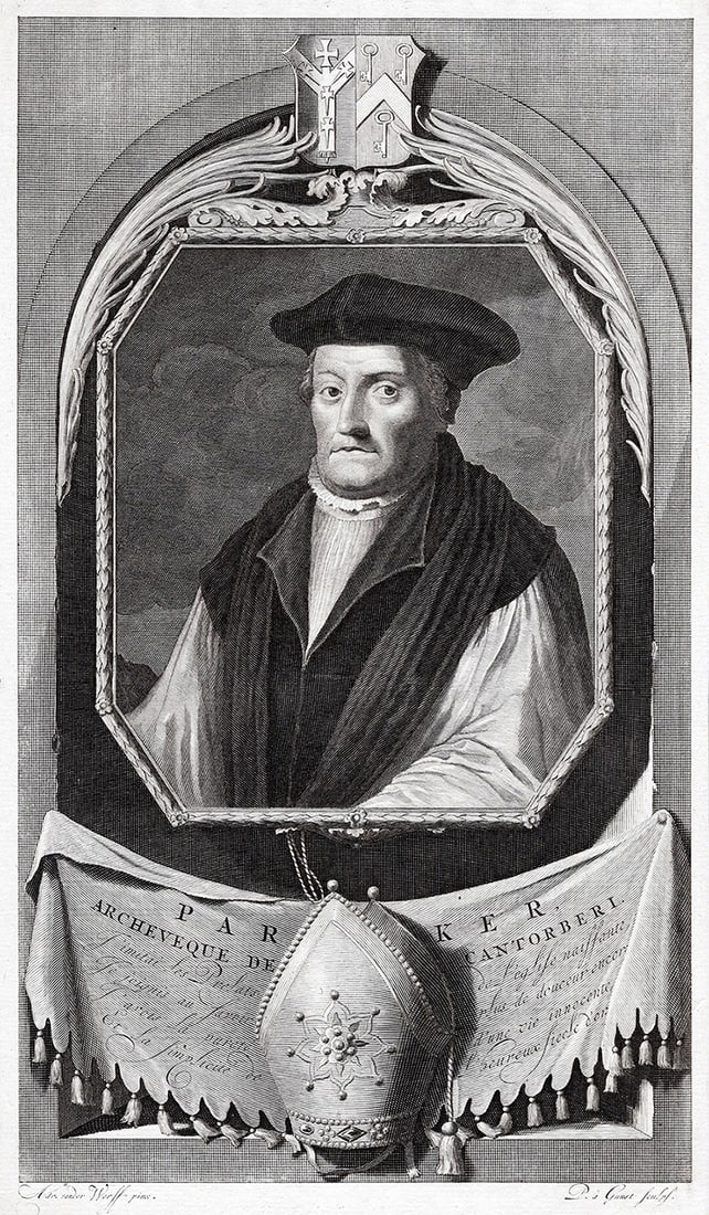 Adriaen van der Werff 1697 Engraving Matthew Parker, Archbishop of Canterbury Framed: Adriaen van der Werff (1659 - 1722). Matthew Parker (1504 - 1575), Archbishop of Canterbury. Antique engraving on laid paper after the original by master engraver Pieter van Gunst (Dutch, 1658/9 - 173