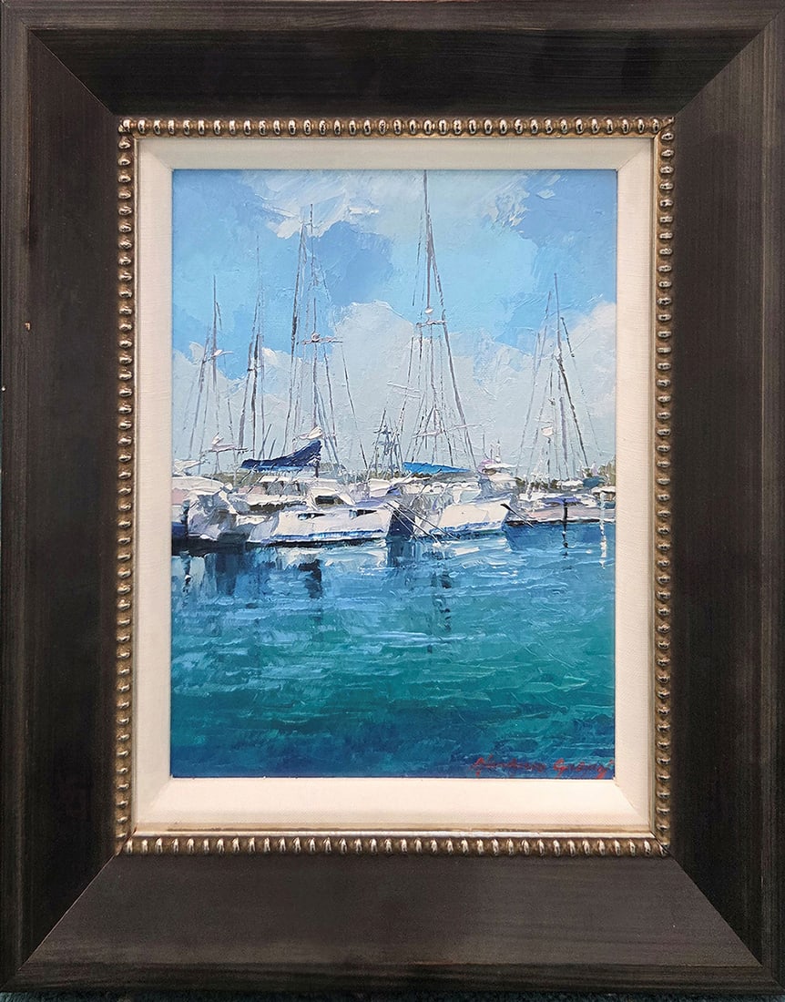 Mauricio Garay Original Painting Marina XXXIV Framed: Mauricio Garay. Marina XXXIV. Original oil painting on canvas. Canvas Size 8 x 10 inches. This piece has been professionally matted and framed using all new materials. Mauricio Garay began to arouse h