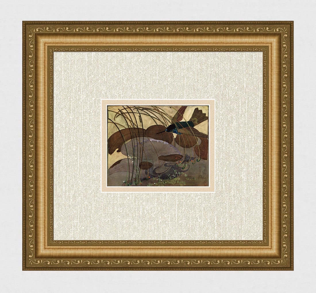 Helena Johnova Antique Color Print Landscape with Bird Framed: Helena Johnova (Czech, 1884 - 1962). Landscape with Bird. Antique color print on wove paper after the original designs for embroidered applique panels. Year: 1909. Image Size 4 5/8 x 5 3/4 inches.Fram