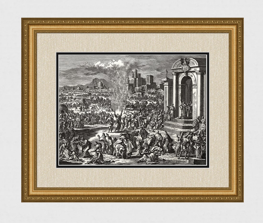 1747 Monumental Engraving Jan Luyken The Sixth Plague Framed: Jan Luyken (Dutch, 1649 - 1712). The Sixth Plague: God Afflicts Men and Livestock with Boils and Sores. Antique engraving on laid paper. Year: 1747. Publisher: Frans Houtteyn. Reference: Hollstein / D
