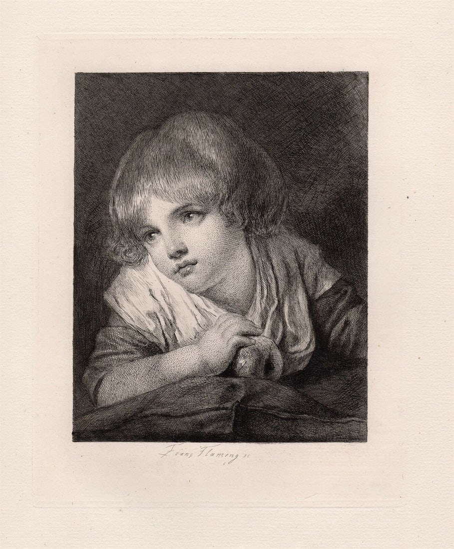 Jean-Baptiste GREUZE 1800s Framed Etching "Girl with an Apple" SIGNED: Jean-Bapitiste Greuze (French, 1725-1805). Girl with an Apple. Antique etching on thick laid paper after the original by master etcher Francois Flameng. 1877. Signed in the plate. Image size 6 1/2 x 8