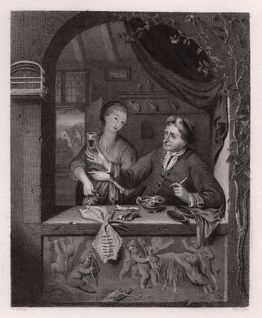 Willem van Mieris A Dutch Ale House 1834 Engraving Signed: Willem van Mieris. A Dutch Ale House. Antique steel engraving on wove paper after the original by William Henry Pyne (London, 1769 - 29 May 1843). 1834. Signed in the plate. Image Size 4 3/4 x 6