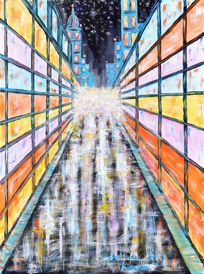 Arthur Kinslow Orginal Painting Cityscape Bright Lights 30 x 40 Inches (1 of 3)