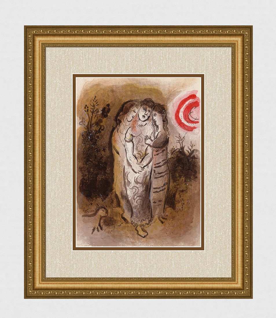 1960 Marc Chagall Lithograph Naomi and Her Daughters-In-Law Framed: Marc Chagall (1887-1985) Naomi and Her Daughters-In-Law (M. 245). Original Lithograph on Wove Paper. 1960. Limited to 6500 impressions. Atelier Mourlot. Dimensions: Sheet Size: c. 10 1/2 x 14 inches. 