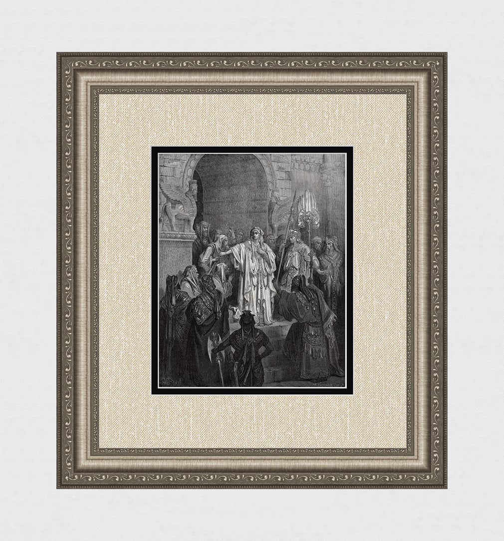 1800s GUSTAVE DORE SIGNED Biblical Wood Engraving "Queen Vashti's Refusal" FRAMED: Gustave Dore (Paul Gustave Louis Christophe Dore) (French, 1832-1883). The Queen Vashti refusing to obey the Command of Ahasuerus (from Dore's Bible). Antique Wood Engraving on wove paper executed by 