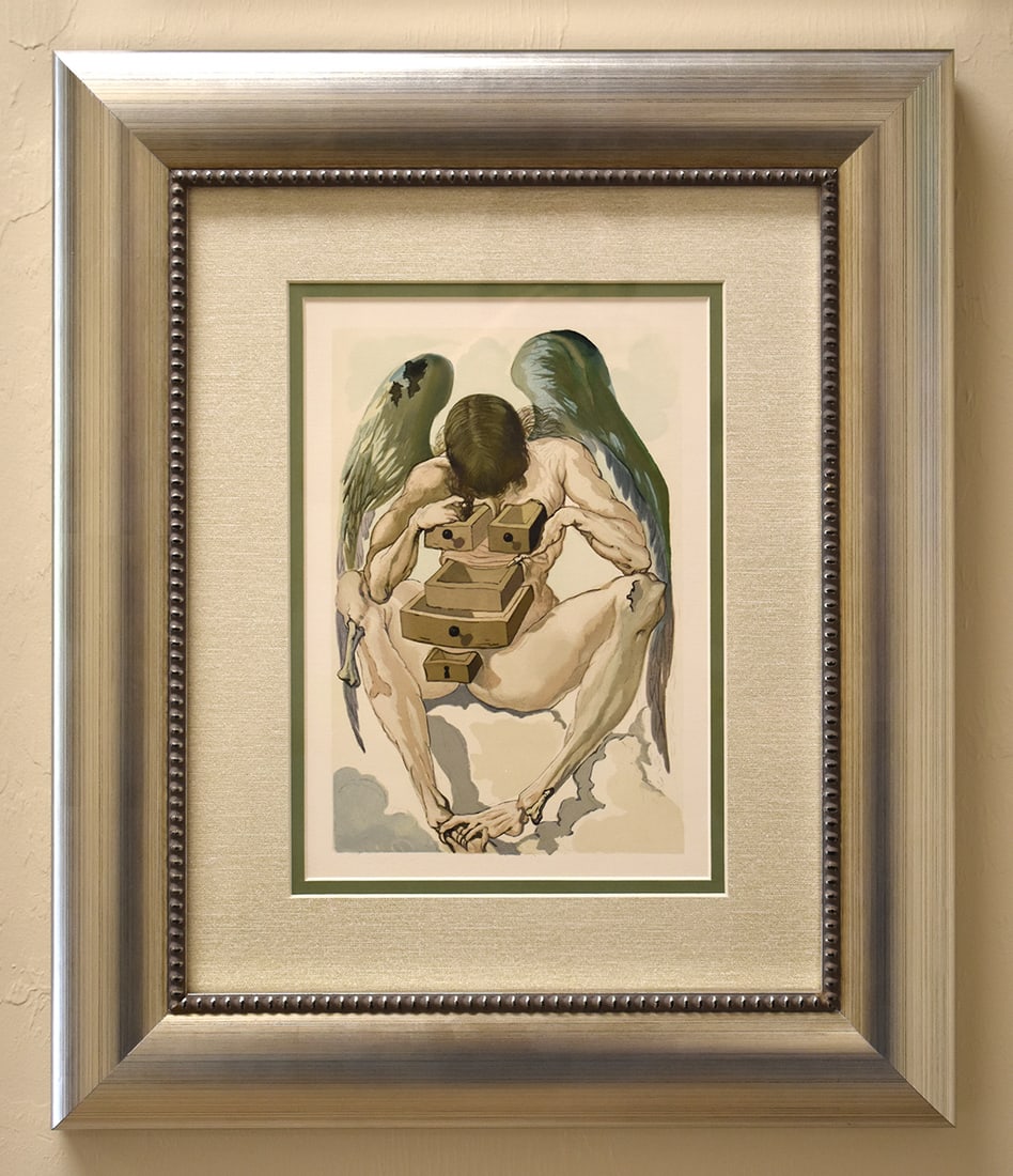 1960 Salvador Dali Fallen Angel Authentic Woodcut: Salvador Dali. (1904-1989). "The Fallen Angel" Purgatory Canto 1. Authentic Original Color Woodcut from The Divine Comedy Printed in 1960 on B.F.K. Rives Paper ( this is not a reproduction, copy, or r