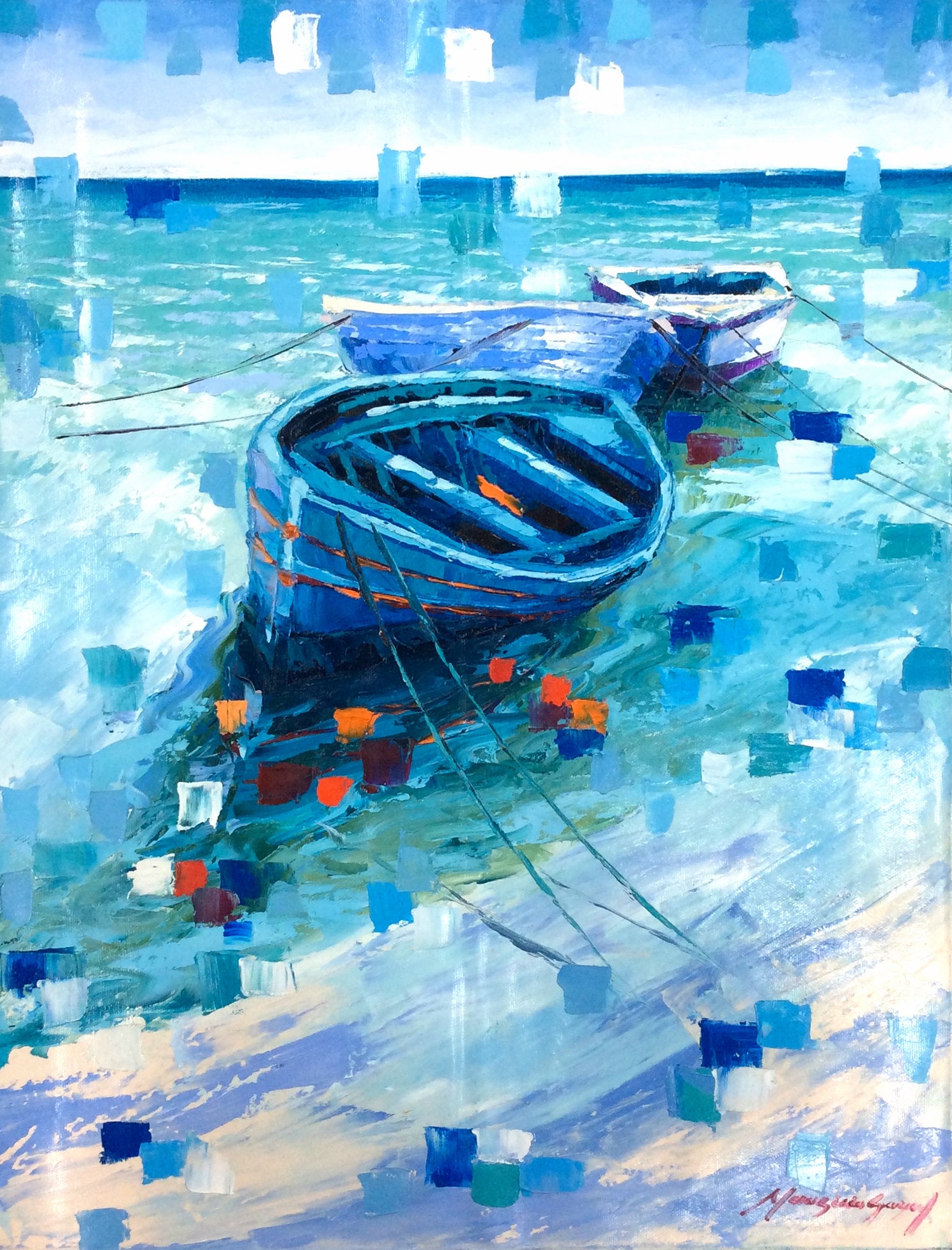 Mauricio Garay Original Painting Weekend Trip Framed: Mauricio Garay. Boats of Color III. Original oil painting on canvas. Canvas Size 16 x 20 inches. This piece has been professionally matted and framed using all new materials. Mauricio Garay began to a