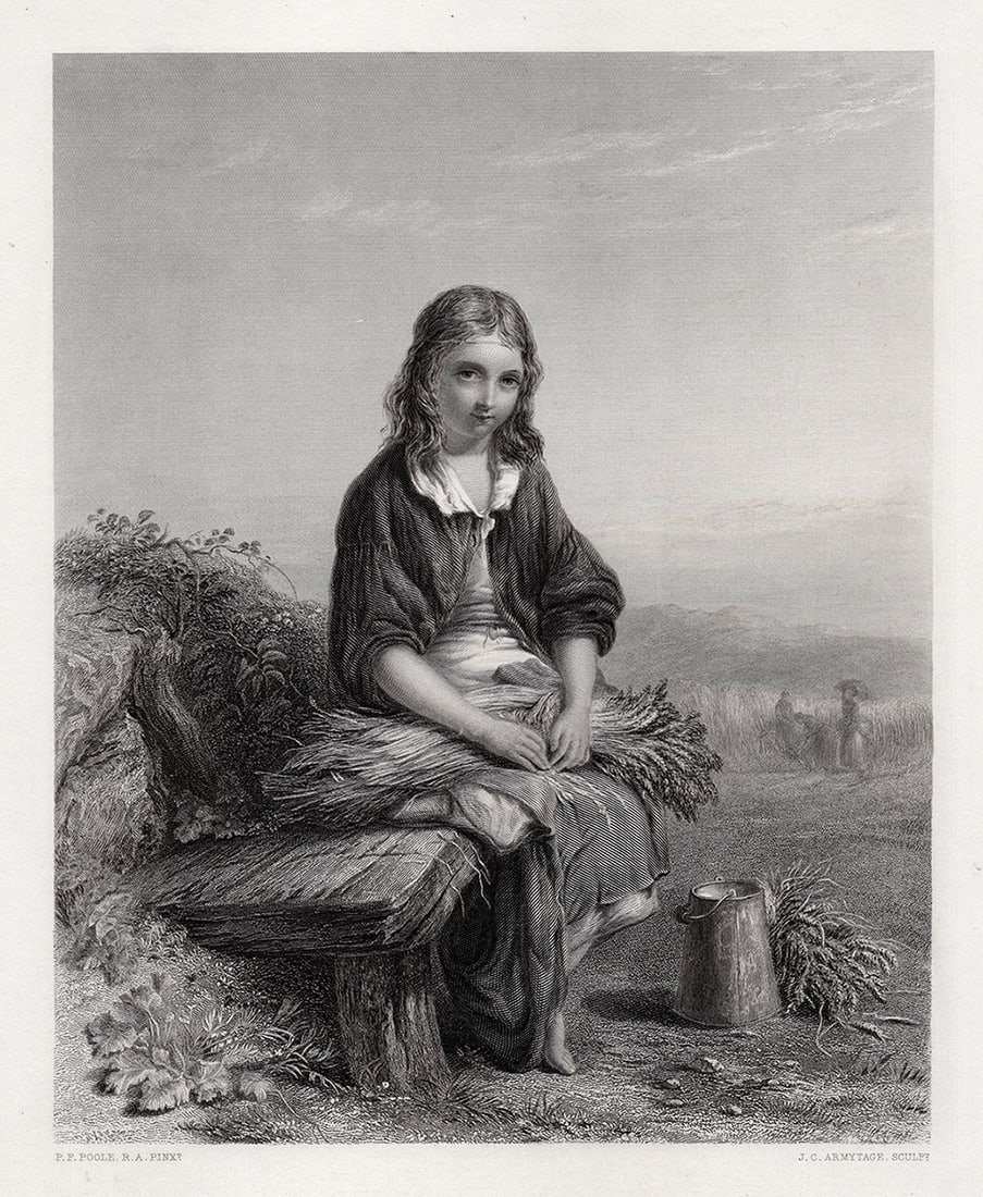 1800s PAUL POOLE Engraving THE YOUNG GLEANER Framed SIGNED (1 of 3)