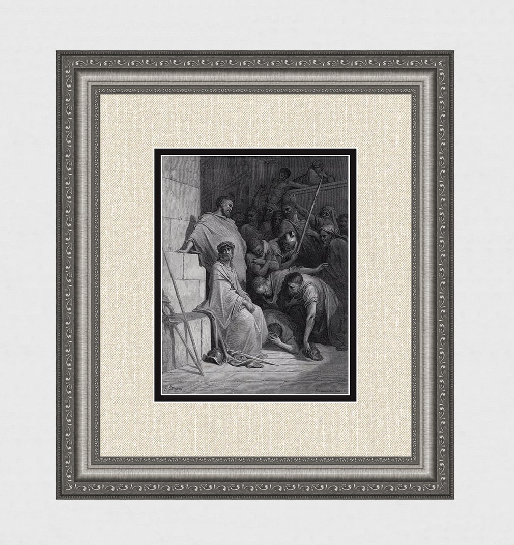 Gustave Dore Christ Mocked c. 1880 Wood Engraving: Gustave Dore (Paul Gustave Louis Christophe Dore) (French, 1832-1883). Christ Mocked. Antique Wood Engraving on wove paper after the original by master wood engraver Adolphe Francois Pannemaker (Frenc