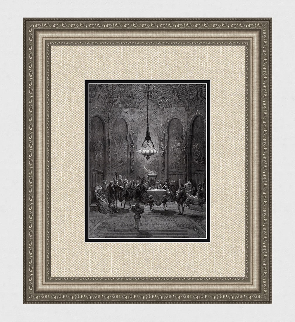 DORE 1800s Woodcut Orlando Furioso Castle Opulent Great Hall FRAMED Signed: Gustave Dore (Paul Gustave Louis Christophe Dore )(French, 1832-1883). The richly decorated great hall of the castle. (From Orlando Furioso). Antique woodcut on wove paper after the original Illustrat