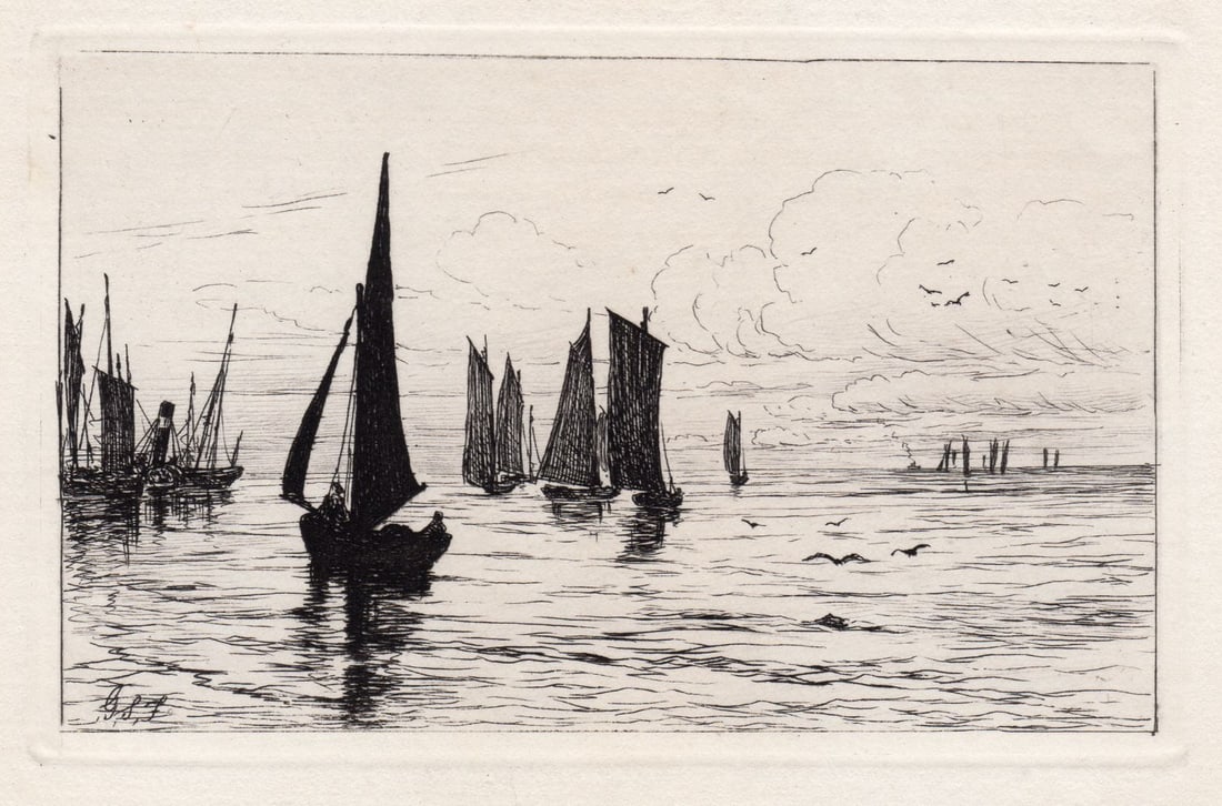 George Stratton Ferrier Fishing-Boats coming 1879 etching: George Stratton Ferrier. (British, 1852-1912). "Fishing-Boats coming in from the Sea". Antique etching on thick laid paper. 1879. Signed in the plate, lower left. Excellent. Image size 3 3/8 x 5 3/8 i