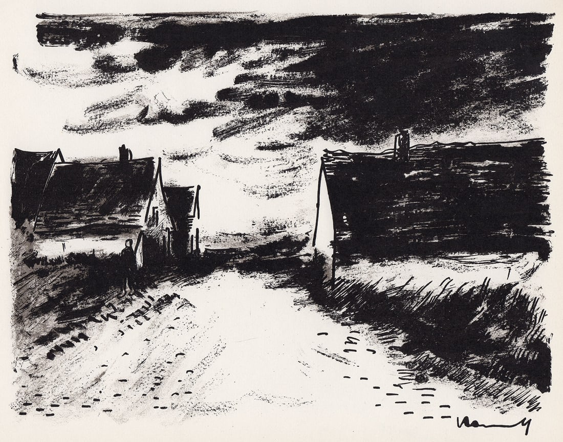Maurice de Vlaminck Maisons dans la Beauce lithograph signed: Maurice de Vlaminck. (1876-1958). Maisons dans la Beauce. Original Lithograph on Wove Paper. 1958. Signed in the plate. Excellent. Atelier Mourlot. Image Size - 8 1/2 x 11 inches. Approximately 17 x 2