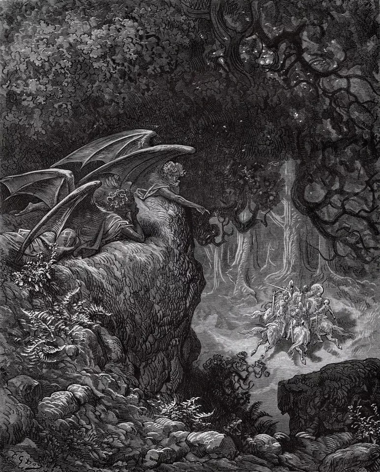 GUSTAVE DORE 1800s Woodcut Discord and Pridefulness SIGNED FRAMED: Gustave Dore (Paul Gustave Louis Christophe Dore )(French, 1832-1883). Discord and Pridefulness are pleased at the m?lee between Christian and Moorish heroes (From Orlando Furioso). Antique woodcut on