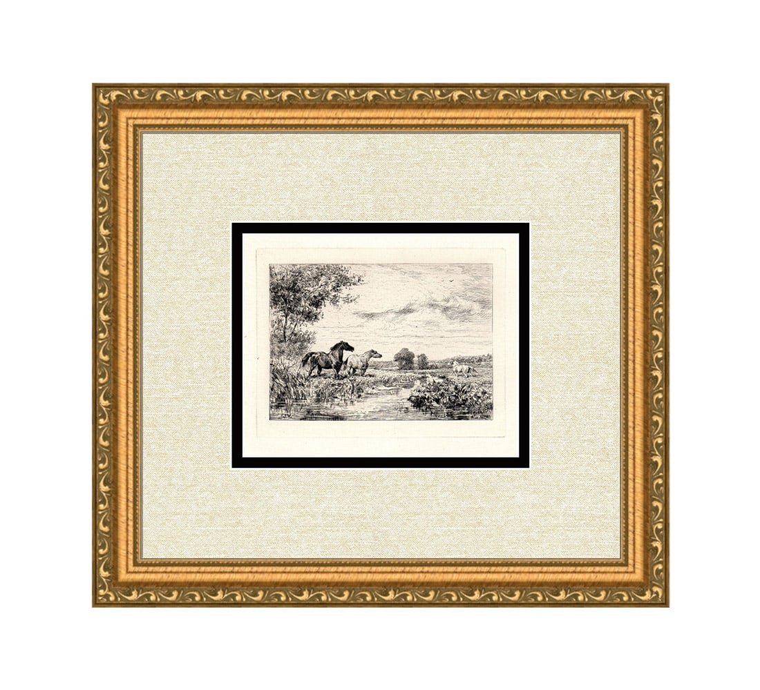 Jules Jacques Veyrassat Horses by the River etching signed (1 of 2)