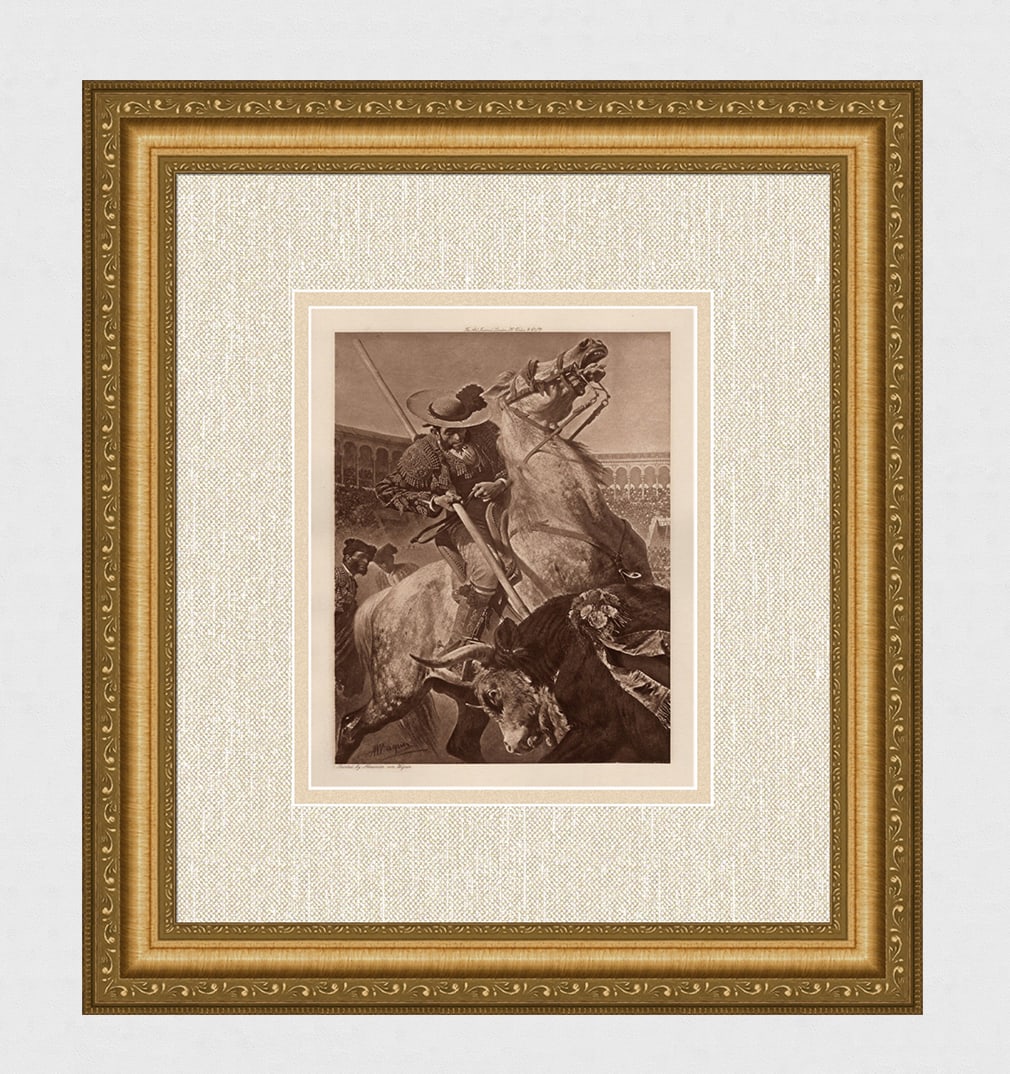 Alexander von WAGNER SIGNED Antique Print The Bullfighter FRAMED: Alexander von Wagner (Hungarian, 1838 - 1919). The Picador. Antique heliogravure on wove paper after the original by a Master Engraver. Year: 1901. Signed in the plate, lower left. Image Size 7 5/8 x