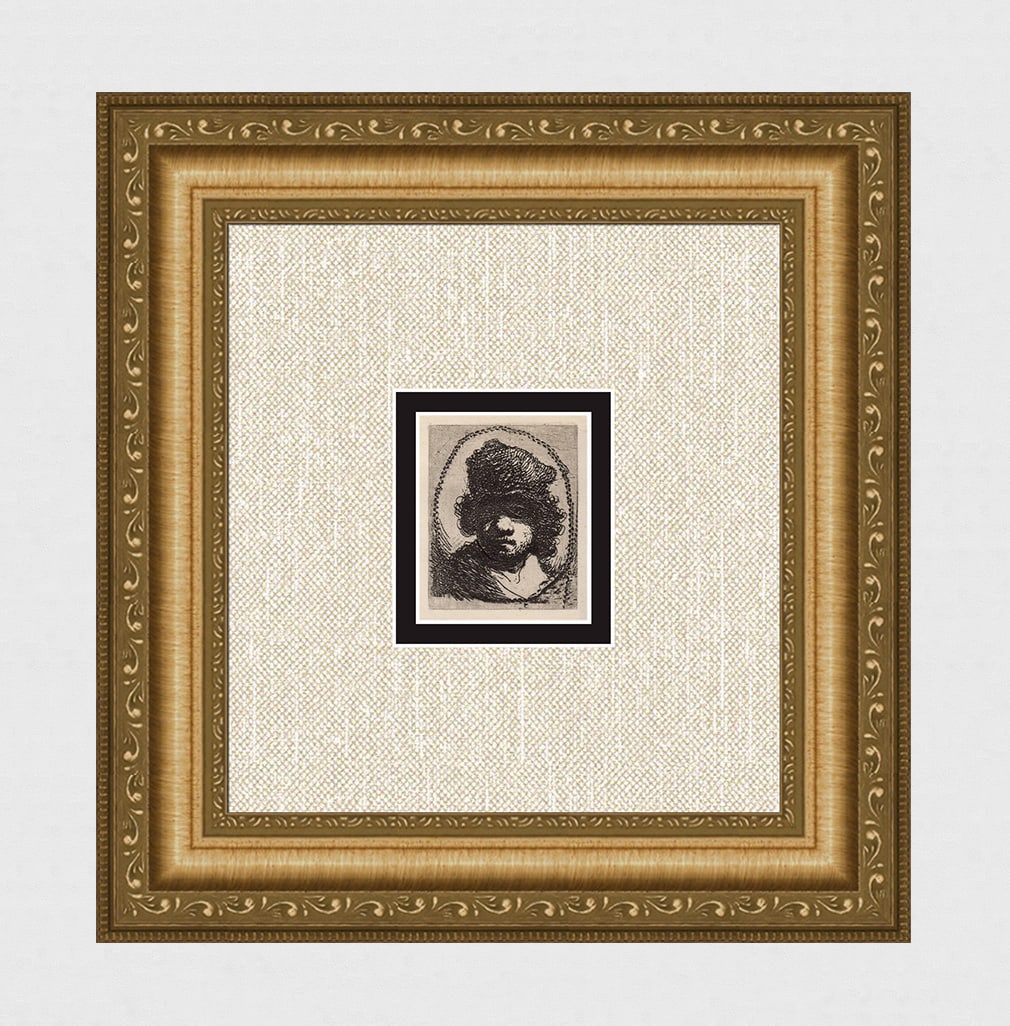 1800s REMBRANDT Etching B12 Self Portrait in a Fur Cap Durand: After Rembrandt Harmenszoon Van Rijn (1606-1669). Title: Self Portrait in a Fur Cap and Oval Border. Medium: Antique hand pulled copper plate etching on laid paper after the original by master etcher 