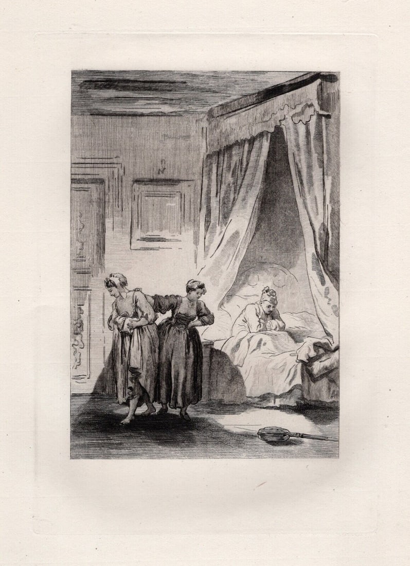 Framed 1800s JEAN-HONORE FRAGONARD Etching The Three Gossips LIMITED: Jean-Honore Fragonard (French, 1732 - 1806). The Challenge of the Three Gossips (La Gageure des Trois Comm?res) (from Conte de La Fontaine). Antique etching on laid paper after the original by master 