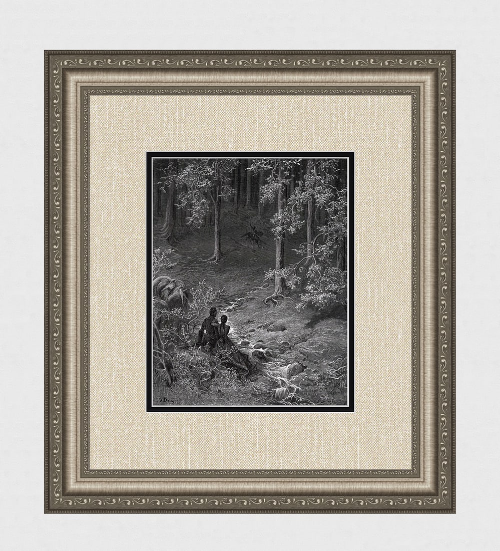 1800s Gustave DORE Woodcut Mandricardo & Doralice Framed SIGNED: Gustave Dore (Paul Gustave Louis Christophe Dore )(French, 1832-1883). Mandricardo and Doralice see the Jealous Rodomonte Approaching (Orlando Furioso 24:95). Antique woodcut on wove paper after the o