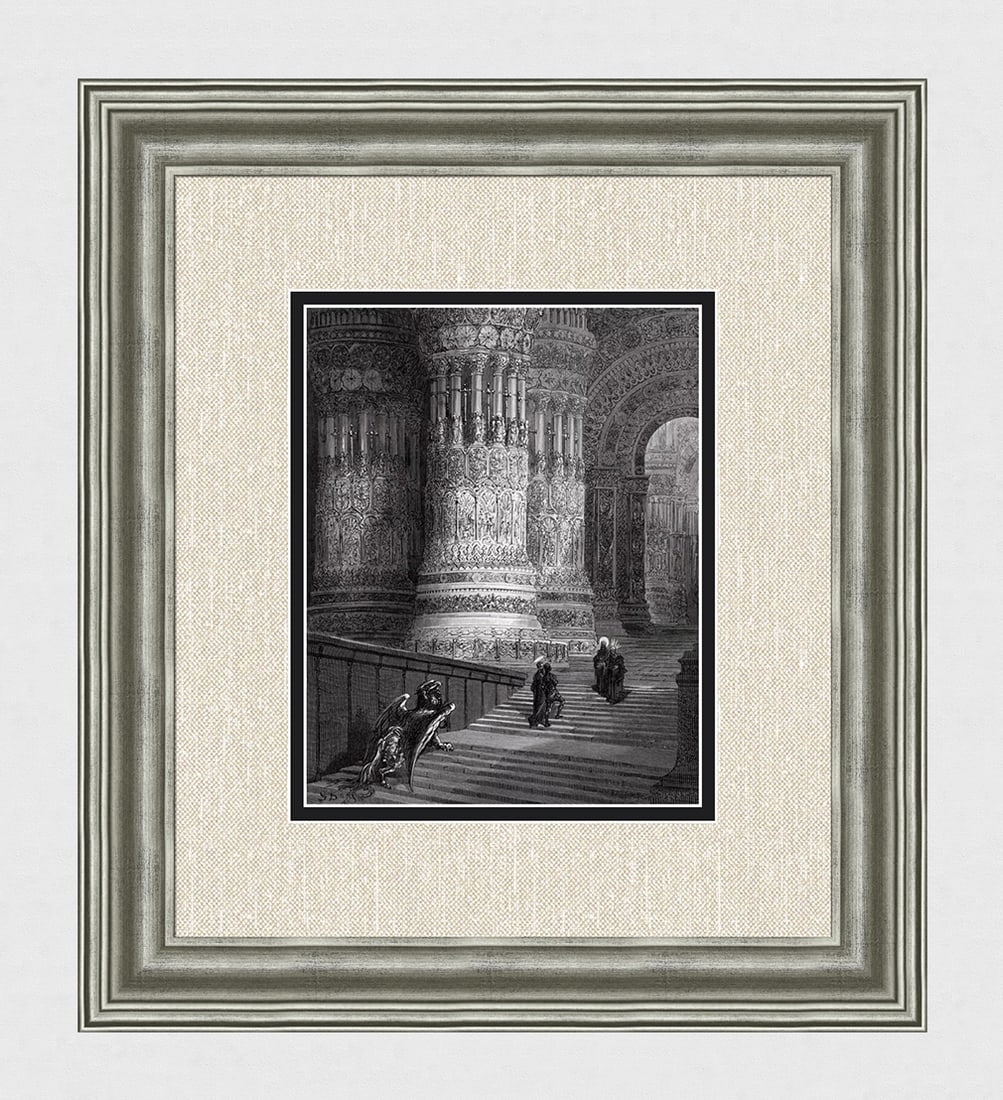 SIGNED 1800s Gustave Dore Woodcut Astolfo & Saint John the Evangelist FRAMED: Gustave Dore (Paul Gustave Louis Christophe Dore )(French, 1832-1883). Astolfo is received at the palace by Saint John the Evangelist, the patriarch Enoch and the prophet Elijah. (From Orlando