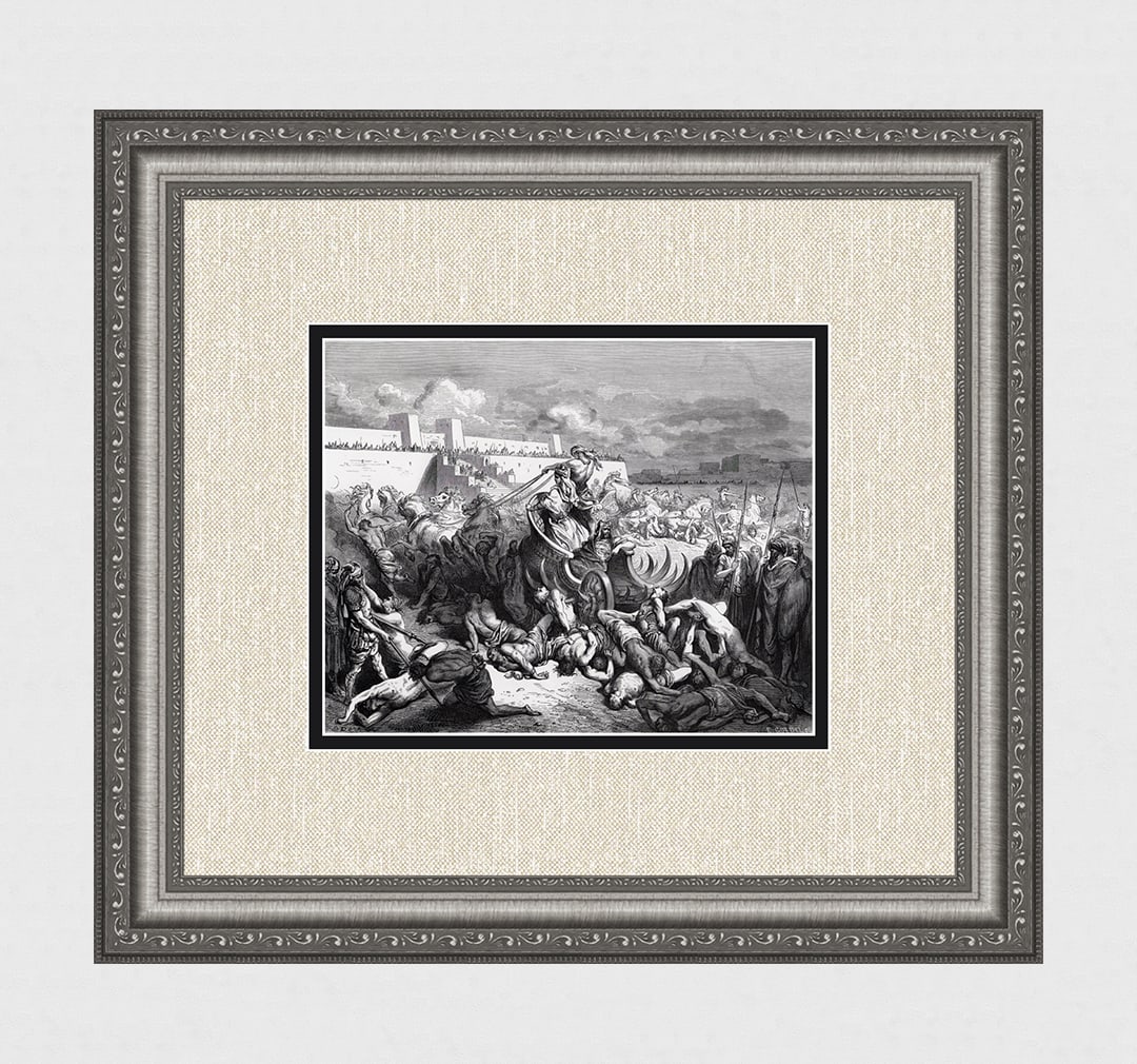 Gustave Dore 1800s Religious Wood Engraving The Capture of Rabbah Framed Signed: Gustave Dore (Paul Gustave Louis Christophe Dore) (French, 1832-1883). David Punishing the Ammonites (From Dore's Bible). Antique Wood Engraving wove paper after the original by a master wood engraver