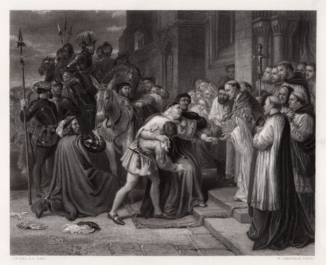 Charles West COPE 1800s Engraving Cardinal Wolsey FRAMED SIGNED: Charles West Cope (English, 1811 - 1890). Wolsey At Leicester Abbey. Antique engraving on wove paper after the original by master engraver William Greatbach (British, 1802-1894). Year: 1859. Signed in