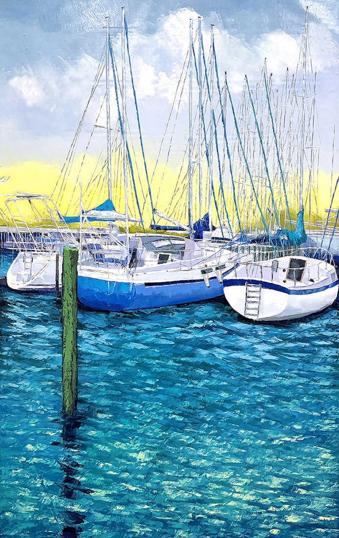 Mauricio Garay Original Painting Boats II 40 x 60 inches: Mauricio Garay. Boats II. Original oil painting on canvas. Canvas Size 40 x 60 inches. Signed lower right. Mauricio Garay began to arouse his interest in art at an early age, with some artistic guidan