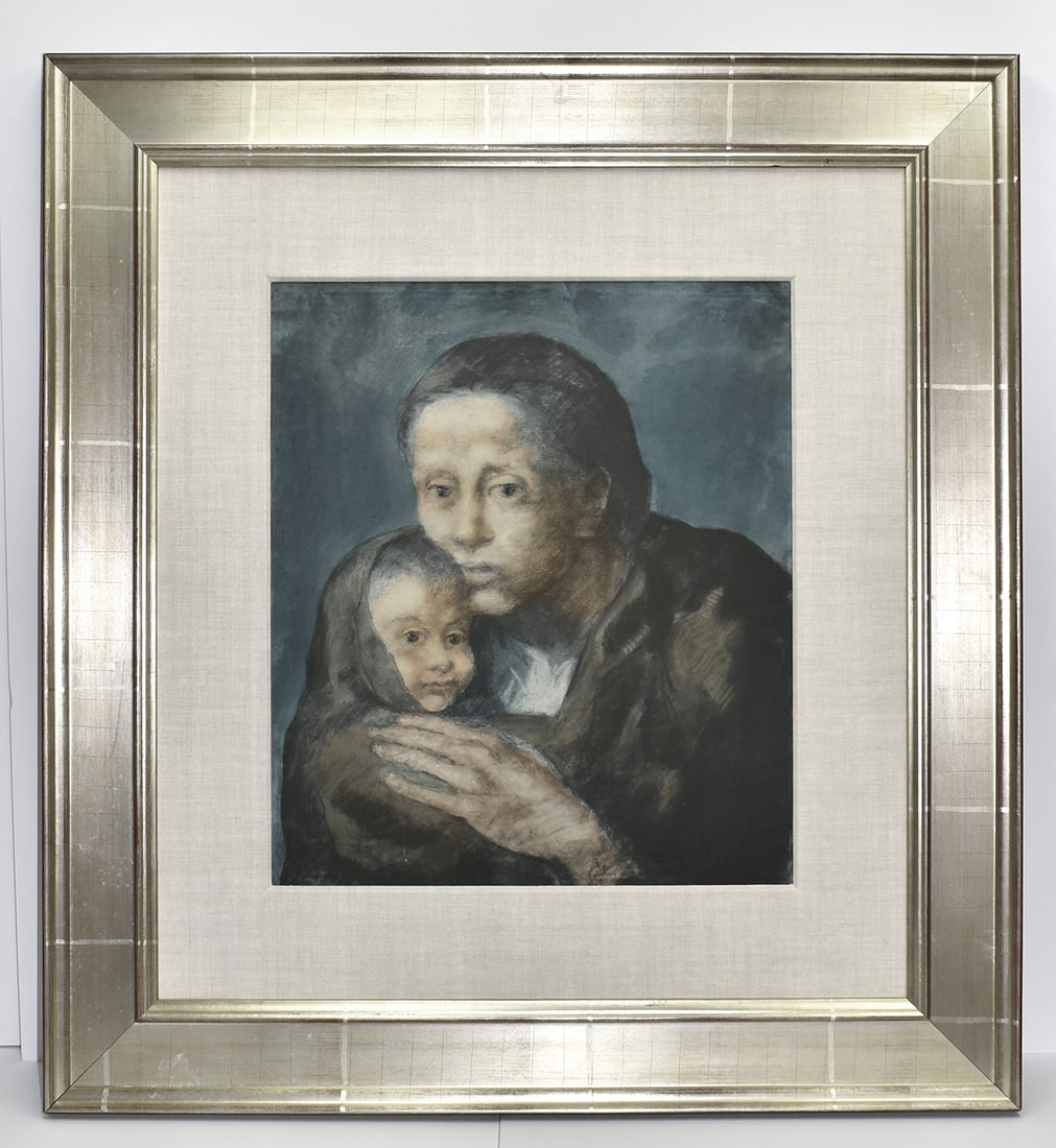 Pablo Picasso 1963 Mother and Child Limited edition Pochoir Les Bleus de Barcelone: Pablo Picasso (1881 - 1973). "Mere et enfant au fichu (Mother and child with a scarf)," From the suite "Les Bleus de Barcelone." 1963. Lithograph heightened with pochoir by Jacomet on wove BFK Rives p