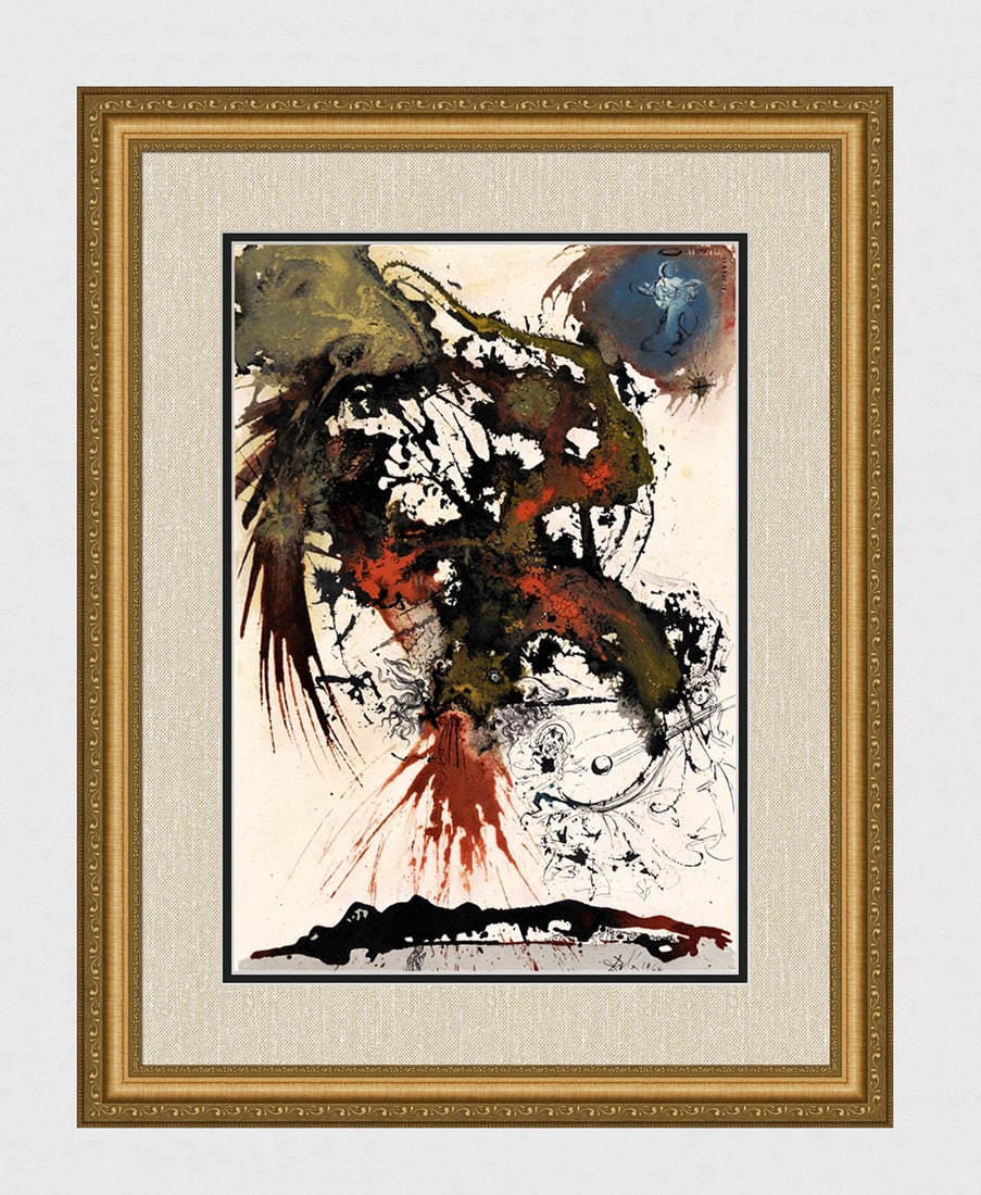 Salvador Dali 1967 Satan Original Biblia Sacra Framed Lithograph: Salvador Dali. "Draco stetit ante mulieren quae erat paritura, ut..filium eius devoraret (The dragon stood in front of mulieren which was to give birth, to devour her child )" Mixed technique