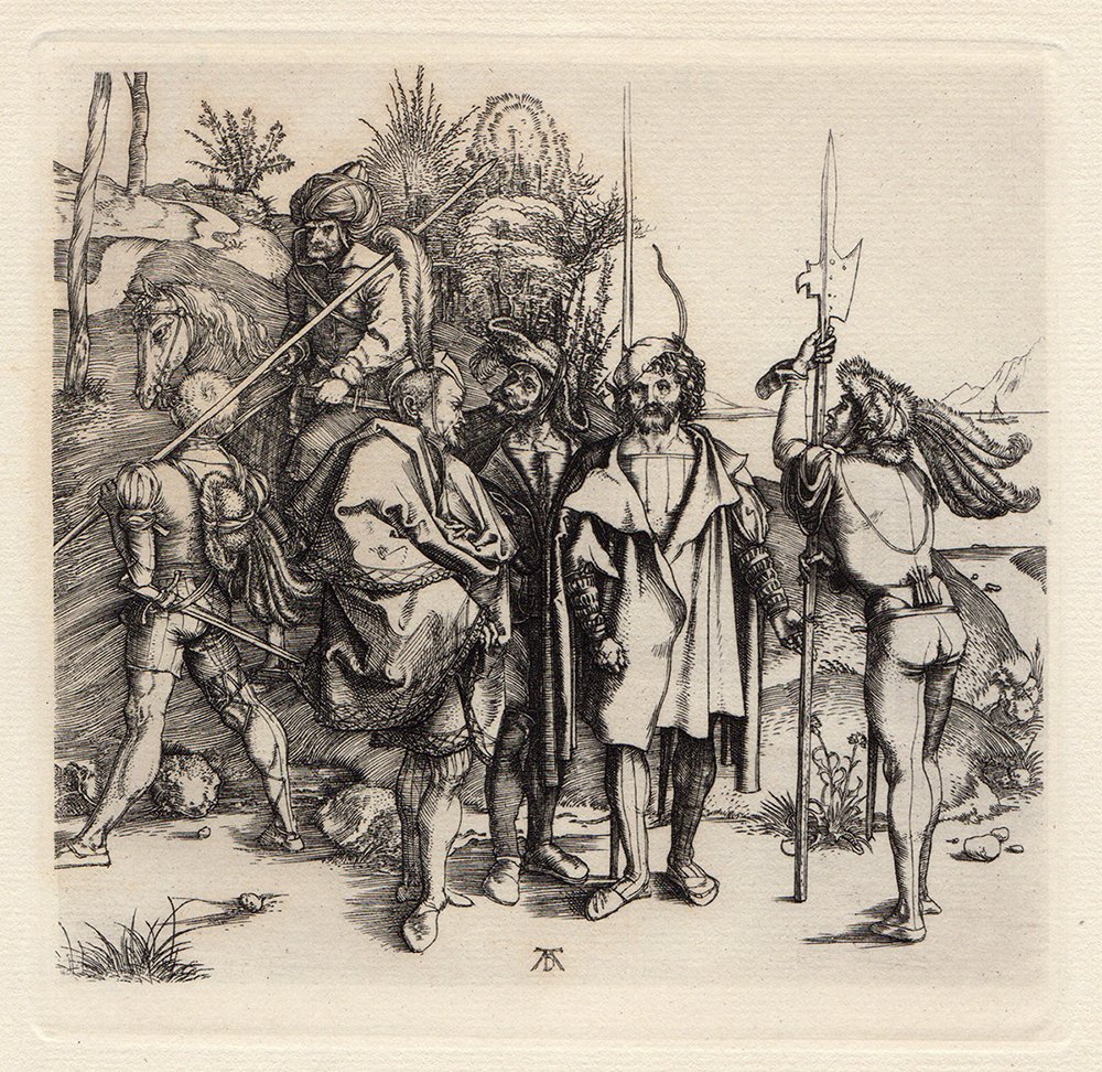Albrecht Durer Antique Etching The Robbers: Durer, Albrecht. "Five Lansquenets and an oriental on Horseback " Etching on laid paper after the original by master engraver Amand Durand. Original etching was created in 1495 and can be referenced b