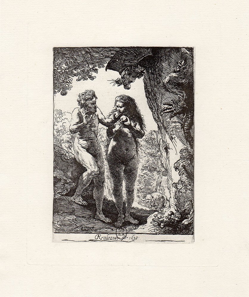 Rembrandt Adam and Eve etching 1800's: Etching on laid paper after Rembrandt by a master engraver in the 1800's. "Adam and Eve" Reference: Bartsch 28. This impression is well more than 130 years old. This is not a modern reprint but was ha