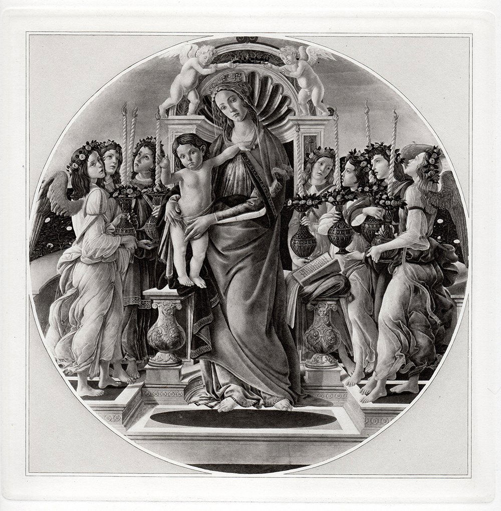 Sandro Botticelli Madonna and Child enthroned with: Antique Heliogravure on thick wove paper after Sandro Boticelli by a master engraver in the 1800's. "Madonna and Child with Angels" This impression is well more than 120 years old. This is not a moder