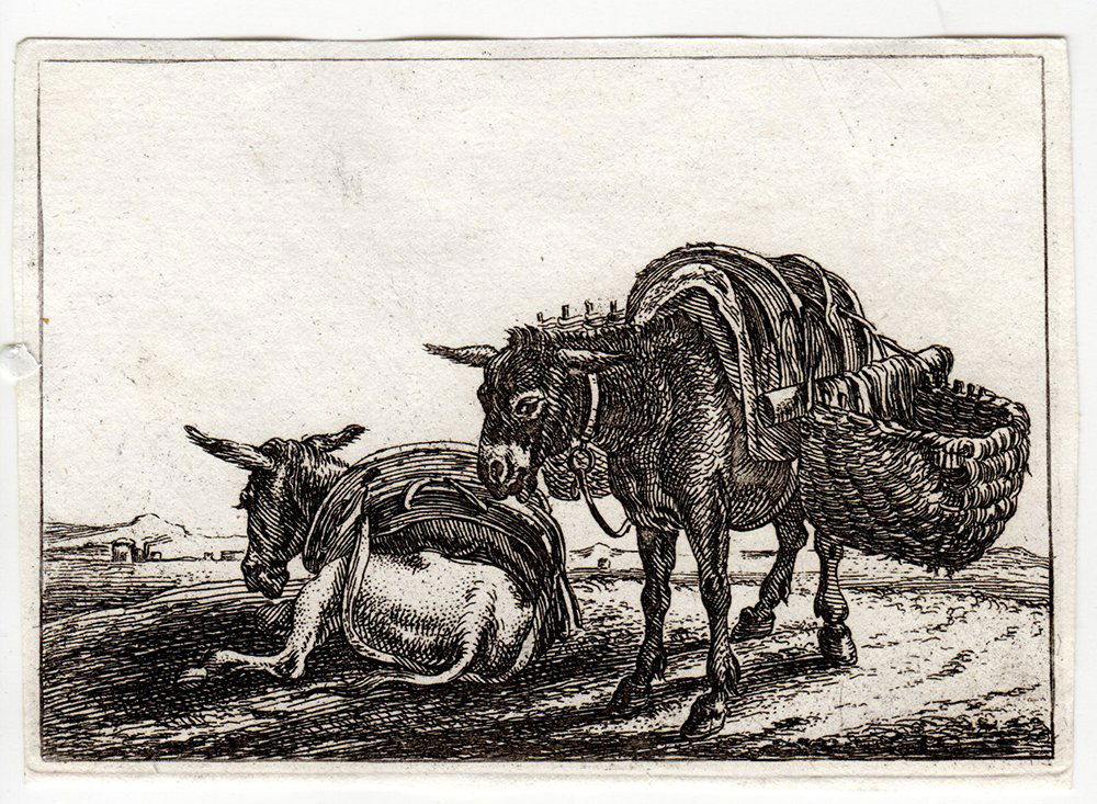 Theodor Van Kessel Two Mules etching: Theodor Van Kessel (Dutch, 1620 - 1660). " Two Mules " etching on wove paper from a series of animal etchings after designs of Flemish Painter Jan van den Hecke, 1654. Dimensions: 2 3/4 x 4inches. Com