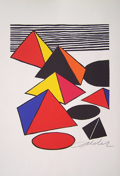 Alexander Calder Six Pyramids and Three Circles: Calder, Alexander "Six pyramids and three circles" Color lithograph published by Xxe Siecle. 1973. Signed in pencil. 14 x 21 inches.