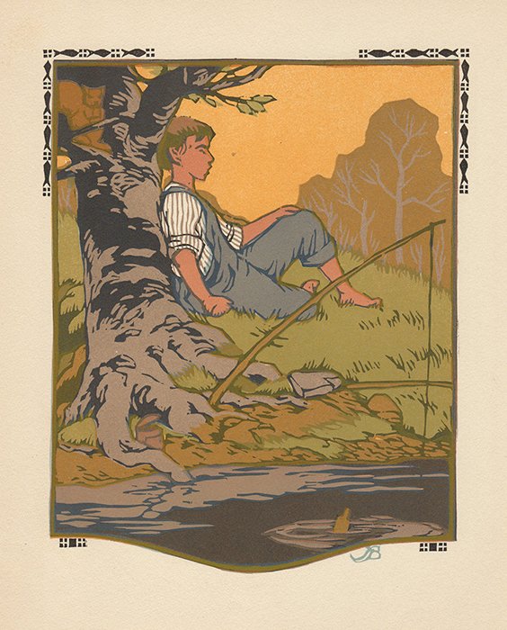 Gustave Baumann woodcut July Framed: Gustave Baumann (German/American, 1881 - 1971). "July". Original color woodcut. 1912. Signed in the block, lower right. Cream wove paper. Wide margins. Fine impression with heavy ink application. Very