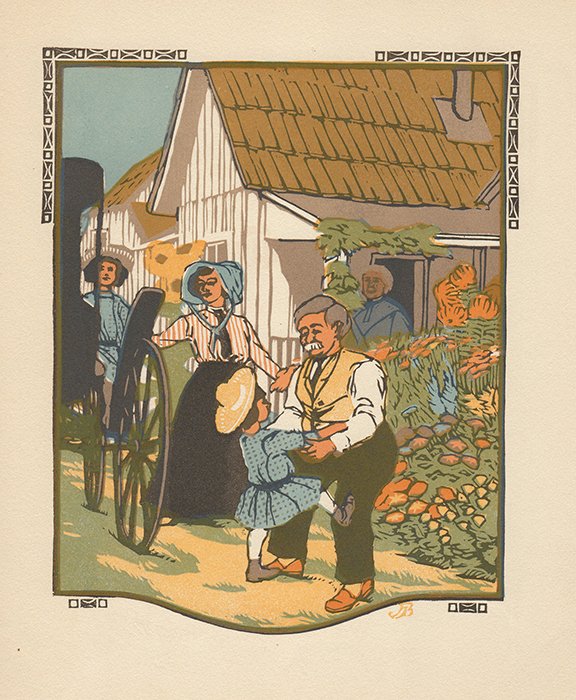 Gustave Baumann woodcut September Framed: Gustave Baumann (German/American, 1881 - 1971). "September". Original color woodcut. 1912. Signed in the block, lower right. Cream wove paper. Wide margins. Fine impression with heavy ink application.