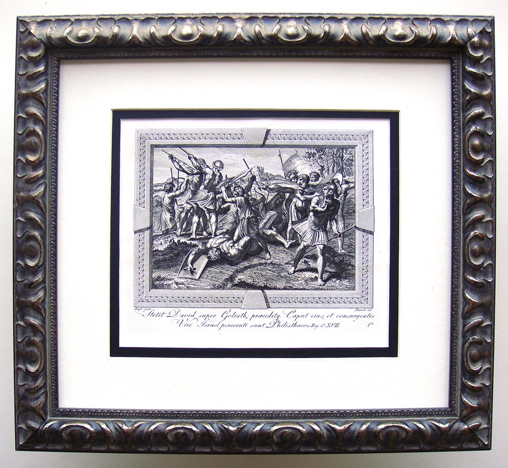 Raphael David and Goliath engraving 1791: Raphael ( Also called Raffaello Sanzio, Raffaello Santi, Raffaello da Urbino or Rafael Sanzio da Urbino). "David stood over Goliath, removing his head and engind the persecution by the Philistines" Re