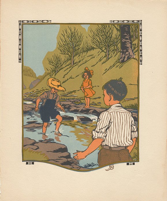 Gustave Baumann woodcut May Framed: Gustave Baumann (German/American, 1881 - 1971). "May". Original color woodcut. 1912. Signed in the block, lower right. Cream wove paper. Wide margins. Fine impression with heavy ink application. Very