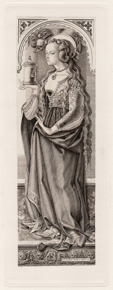 Carlo Crivelli Mary Magdalene antique etching: Antique Etching on heavy wove paper after Carlo Crivelli by master etcher Kruger in the 1800's. "Peter and John at the gate of the Temple" This impression is well more than 120 years old. This is not