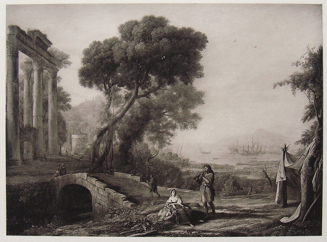 Claude Lorrain Coastal landscape Print 1800's: Antique Heliogravure on thick wove paper after Claude lorrain by a master engraver in the 1800's. "Coastal Landscape" This impression is well more than 120 years old. This is not a modern reprint but 