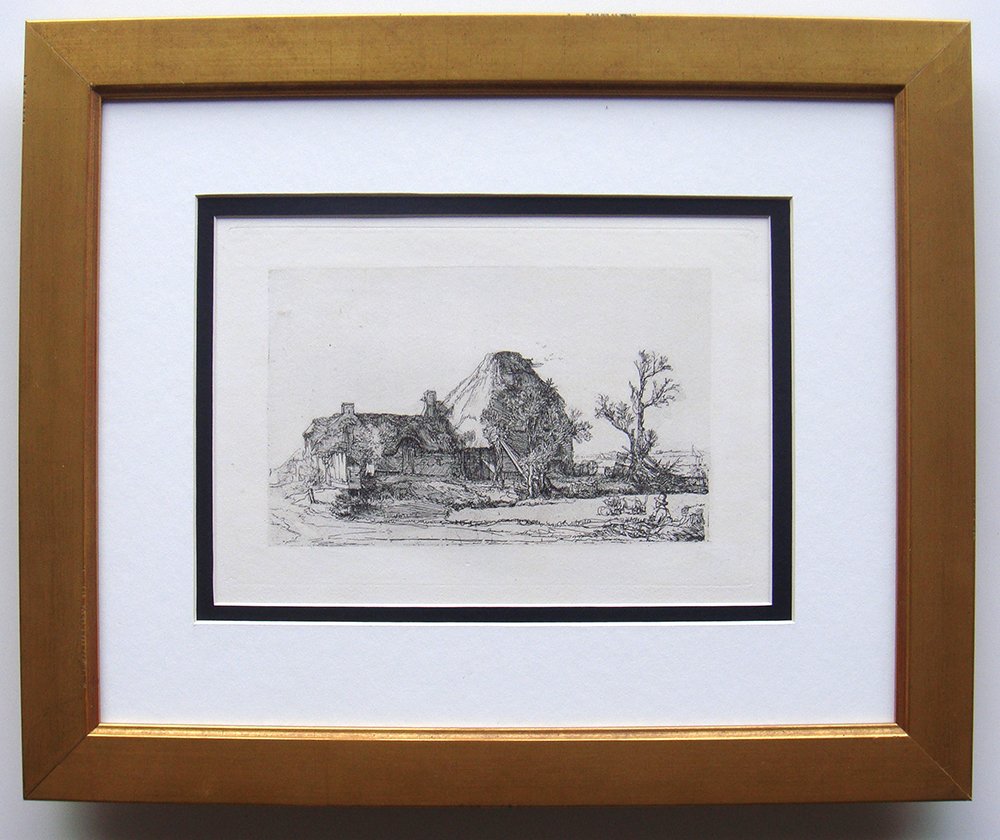 Rembrandt Cottages and Buildings etching: Etching on laid paper after Rembrandt by a master engraver in the 1800's. "Cottages and Farm Buildings with a Man Sketching " Reference: Bartsch 219. This impression is well more than 130 years old. T
