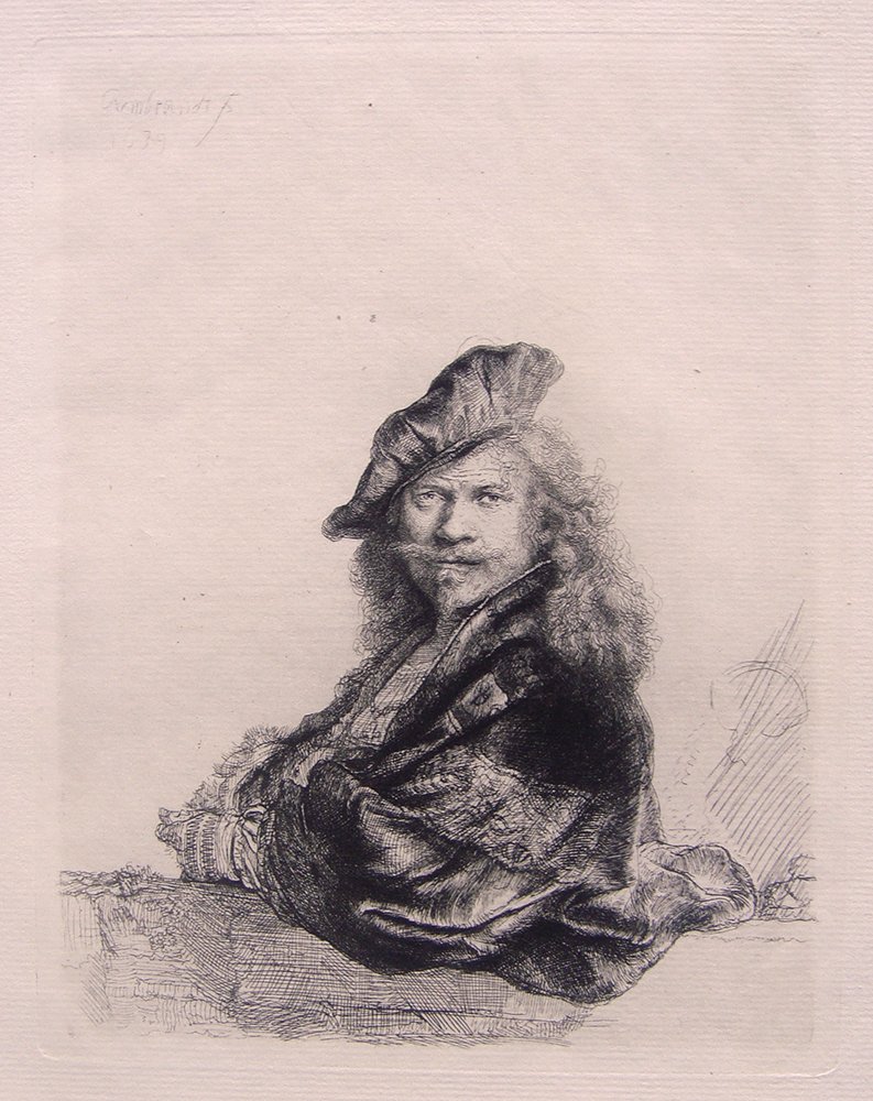 Rembrandt Self Portrait Leaning etching: Etching on laid paper after Rembrandt by a master engraver in the 1800's. "Self Portrait Leaning on a Stone " Reference: Bartsch 21 . This impression is well more than 130 years old. This is not a mod