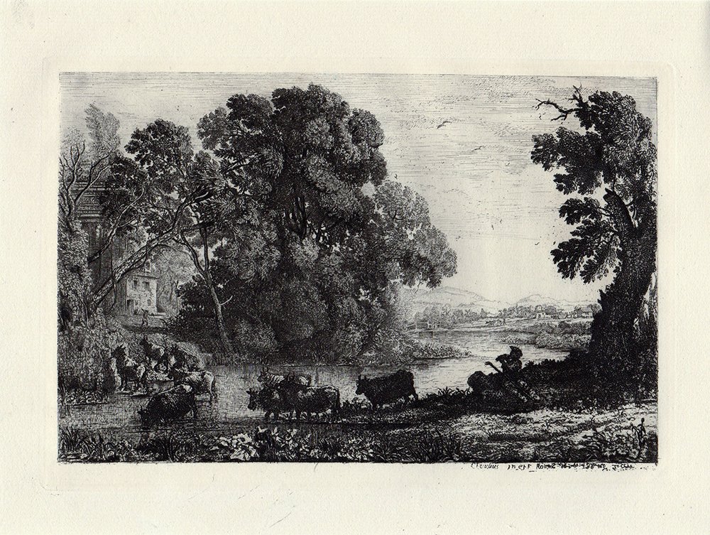 Claude Lorraine The Herdsman etching 1800's: Lorrain, Claude. "Le Bouvier (The Herdsman)" Etching on laid paper after the original by master engraver Amand Durand. Original etching was created in 1636. This impression is well more than 130 years