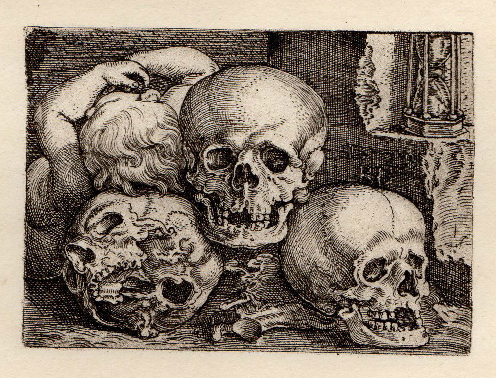 Barthel Beham Infant with Skulls engraving 1800's: Beham, Barthel. "Infant laying with three skulls" Engraving on laid paper after the original by master engraver Amand Durand. Original engraving was created in 1500's. This impression is well more tha