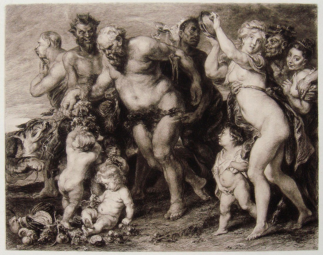 Rubens Bacchanal Antique etching 1800's: Antique Etching on heavy wove paper after Peter Paul Rubens by master etcher William Unger in the 1800's. "Bacchanal" This impression is well more than 120 years old. This is not a modern reprint but