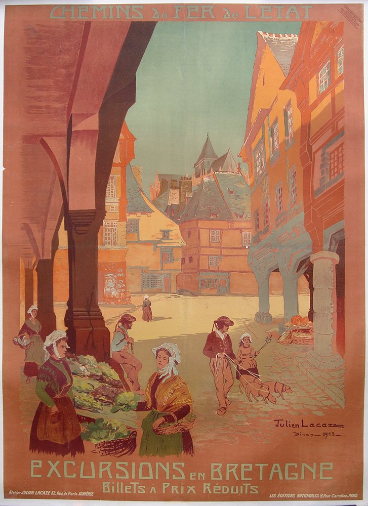 Lacaze Antique French Travel Poster 1913: Lacaze, Julien. Excursions en Bretagne, original antique French travel poster, c. 1913, backed on linen, 39 x 47 inches. Accompanied by a Certificate of Authenticity.