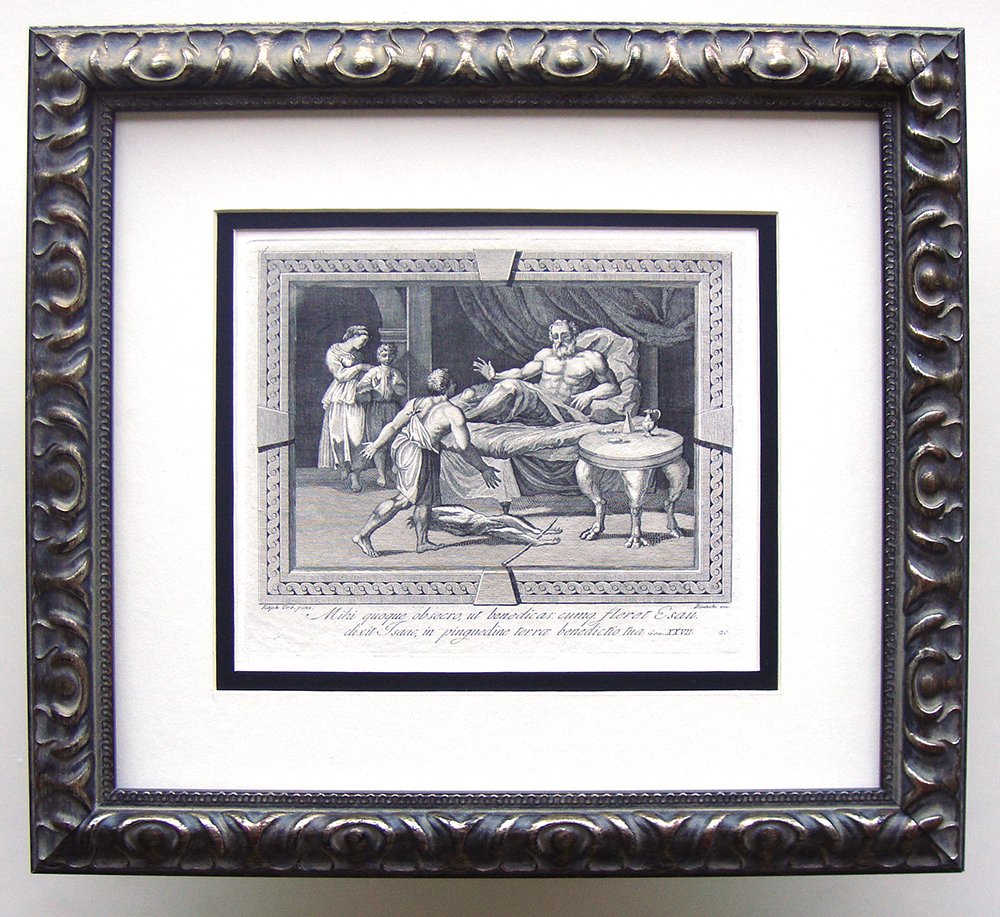 Raphael Isaac engraving 1788: Raphael ( Also called Raffaello Sanzio, Raffaello Santi, Raffaello da Urbino or Rafael Sanzio da Urbino). "Me too, I pray thee, that I may bless: whereas I have assigned. Esau wept Isaac said, in the 