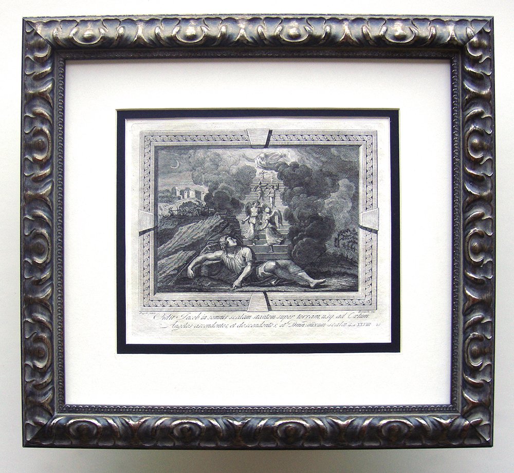 Raphael Jacob's Dream engraving 1791: Raphael ( Also called Raffaello Sanzio, Raffaello Santi, Raffaello da Urbino or Rafael Sanzio da Urbino). "Jacob in his dream he saw a ladder standing upon the earth, until. to the heaven of the angel